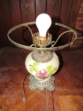 Hand Painted Dogwood Motif Gone With The Wind Lamp w/ Ornate Brass Feet/Top