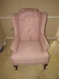 Queen Anne Style Arm Chair w/ Pink Upholstered Scroll Wooden Curved To Pad Feet