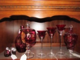 Lot - Ruby Flashed Floral Candy Dish, 3 Tall Votive Candle Holders, Large Cut Glass Candy Dish