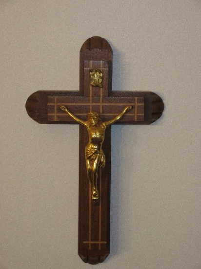 Walnut Sick Call Crucifix Set Consist of A Crucifix, 2 Candles & Holy Water Vessel