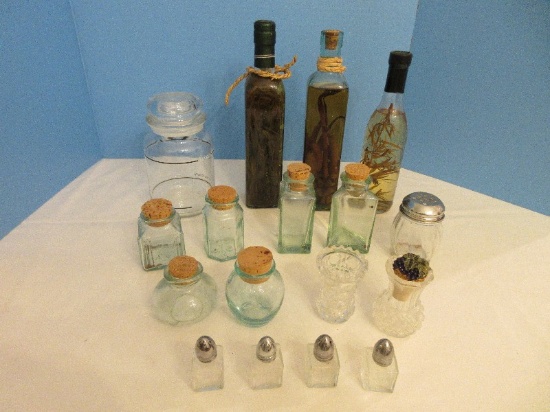 Lot - Spice Jars, Toothpick Holders & Decorative Oil Bottles