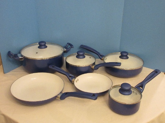 10 Piece - Cookware Set Nonstick Ceramic Coated Majestic Metallic Blue Enamel Exterior