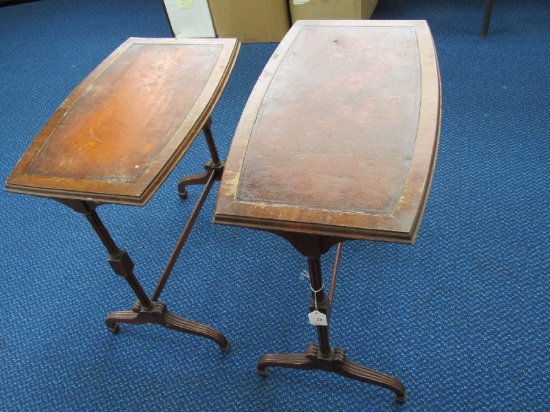 Pair - Wooden Vintage Side Tables Grooved/Block Columns/Scroll Grooved Feet w/ Stretchers