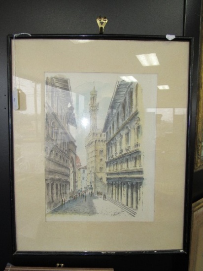 European Street Scene Picture Print Artist Signed Gioni in Black Wooden Frame/Matt