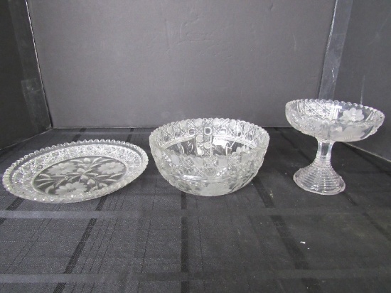 Tall Crystal Glass Dish on Plinth 5 1/2" H, Bowl 8 1/2" D, Plate 10" D, Saw Cut Rim