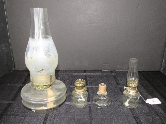 Lot - Tall Oil Lamp w/ Hurricane Glass, 2 Petite Oil Lamps, 1 Candle Lamp