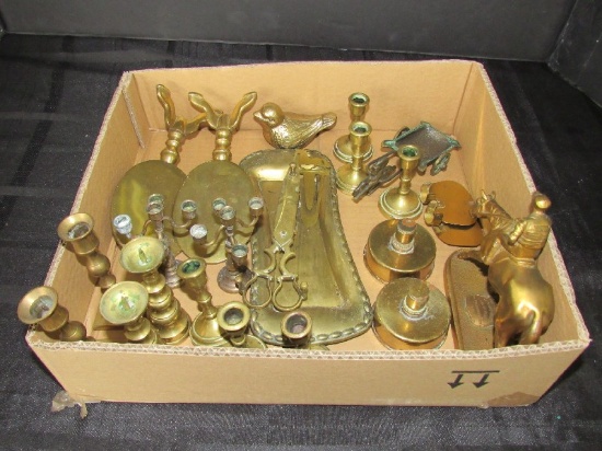 Misc. Vintage Brass Lot - Mini Candle Sticks, Kentucky Derby Horse, Bird, Horse w/ Cart, Etc.