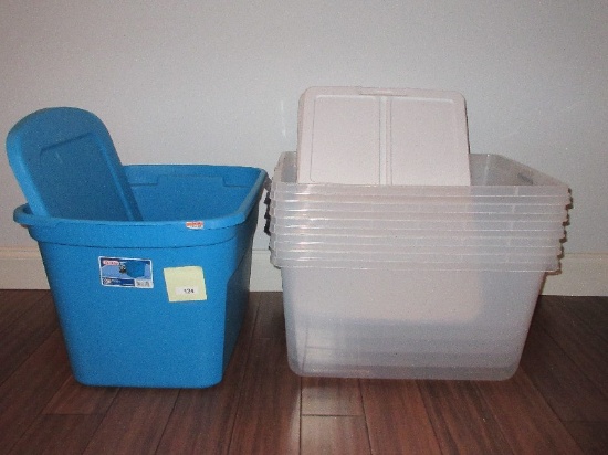 Lot - 5 Hefty Storage Solutions 66qt. Totes & Sterilite Blue 18 Gallon Storage Tote
