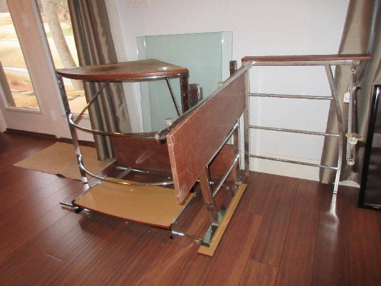 Modern Desk w/ Green Glass Top Simulated Wood Grain on Stainless Steel Base
