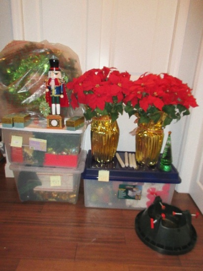 Lot - Christmas Decorations Blown Glass Ornaments, Tree Stand, Wreaths, Poinsettias