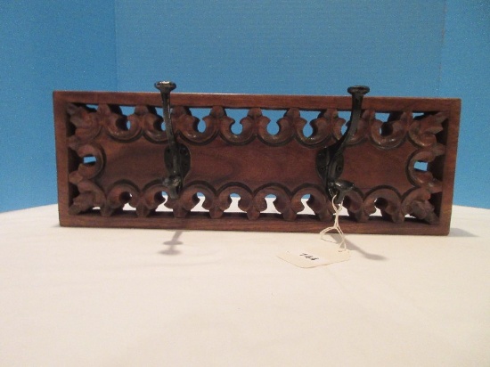 Intricate Carved Wall Mount w/ Double Wrought Iron Coat/Hat Hooks