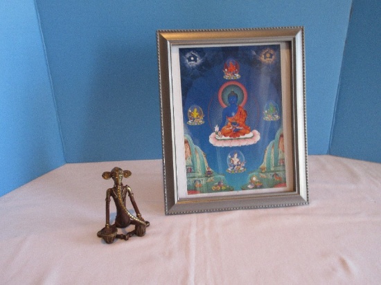 Lot - Brass Hindu God Elephant Statuette 3 1/2" Playing Drums, Tibetan Buddhist Deity Paint