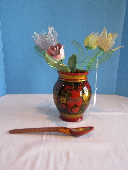 Russian Khokhloma Hand Crafted Wooden 7" Vase w/ Metal Flowers & Wooden Spoon