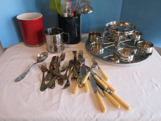 Lot - Misc. Flatware Scroll Foliage/Flower Pattern, OGGI Red/Stainless Base Utensil Crock