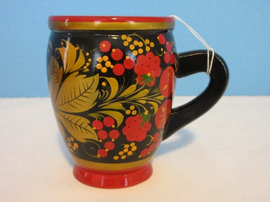 Russian Traditional Wooden Folk Art Khokhloma Hand Painted 4" Cup Vivid Red/Gold Colors