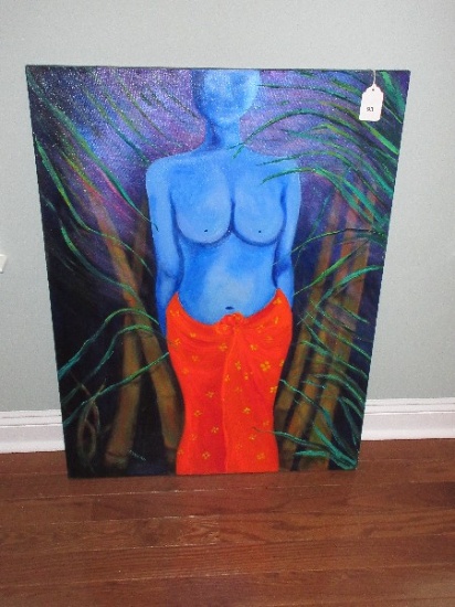 Titled "The Blue Woman" Attributed to Artist Sandy Hill Original Acrylic on Canvas
