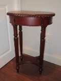 Victorian Era Style Oval Accent Table Distressed Cherry Finish, Beaded Trim on Reeded Column