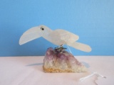 Hand Carved Figural Tucan Alabaster Bird Perched on Amethyst Geode Crystal