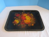 Toleware Style Artisan Signed Hand Painted Floral Bouquet Tray