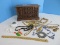 Lot - Wooden Jewelry Box w/ Costume Jewelry Beaded Necklaces/Choker, Goldtone Chains