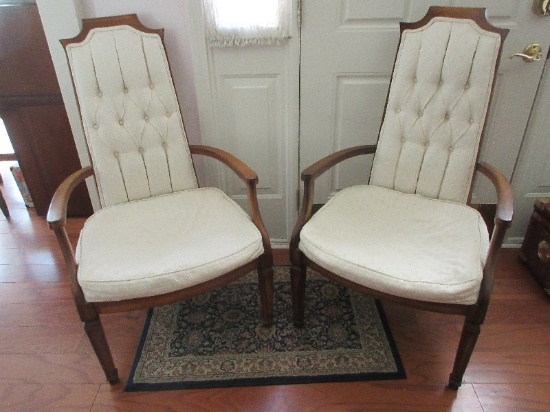 Pair - French Hollywood Regency Style Tufted High Back Curved Arm Chairs
