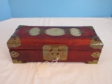 Vintage Chinese Shanghai Wooden Jewelry Box w/ Brass Accent & 3 Intricate Medallions on Top