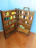 Vintage Pine Wooden Portable Sewing Cabinet w/ Peg Spool Holders, Pins, Thimble, Etc.