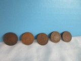 Five 1902 Indian Head Wheat Penny Coins