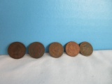 Five 1902 Indian Head Wheat Penny Coins