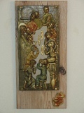 Last Supper Sculptured Relief Resin Gilded Patina Plaque on Pine Panel