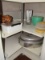 Cabinets Lot - Wooden Bowls, Tupperware, Large Metal Food Warmer, Etc.