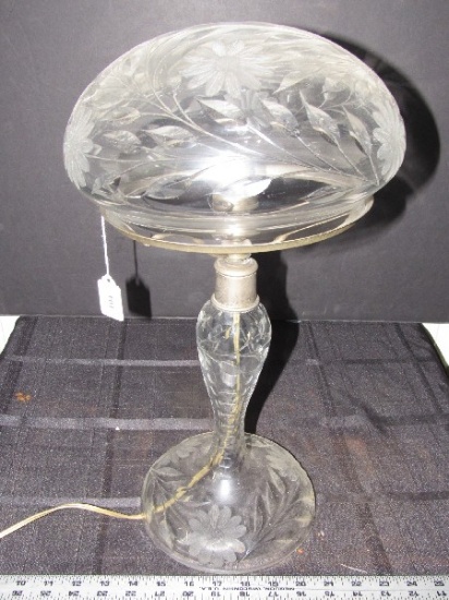 Crystal Glass Lamp Floral Etched Cut Pattern Wide Base/Shade, Narrow Center