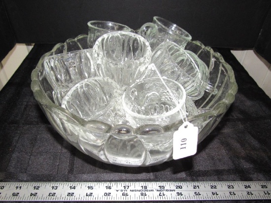 Glass Punch Bowl Floral Motif w/ Misc. Pattern Punch Glass Cups, Bowl