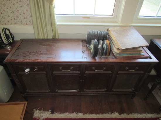 Wooden Vintage Console by Micromatic Sliding Top, Panel Motif Brass Pulls, Narrow Feet
