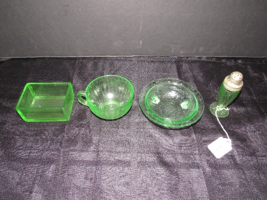 Lot - Green Glass Floral/Rose Bowl, Salt Shaker, Cup, Square Dish