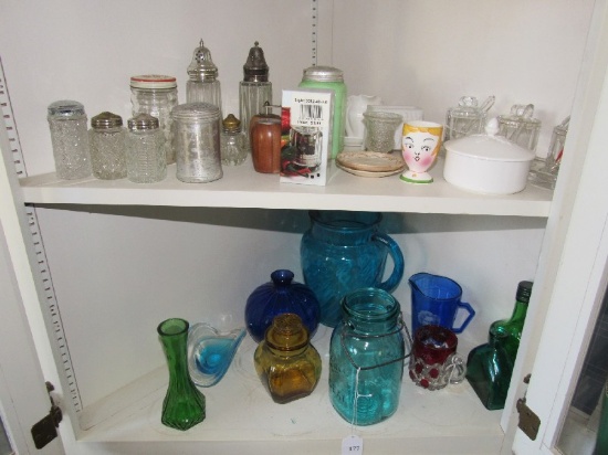Cabinet Lot - Glass Salt/Pepper Shakers, Milk Glass, Ball Mason Jar, Etc.