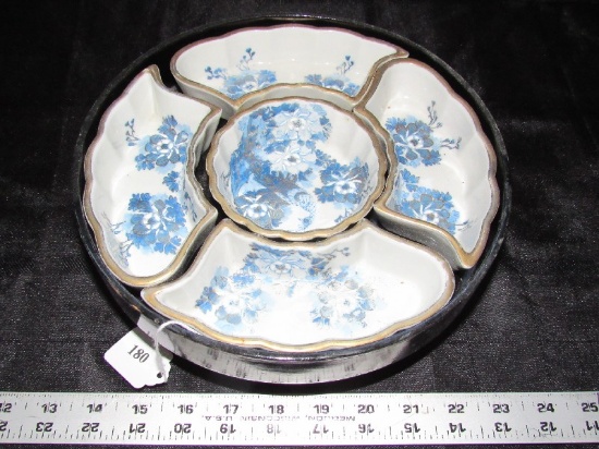 Lazy Susan Wooden Black Dish w/ 5 Ceramic Divided Dishes Blue/Gilded Floral/Peasant