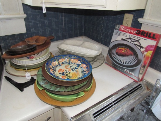 Misc. Lot - Tin Platters, Wooden Divided Platter, Glass Platters, Etc.