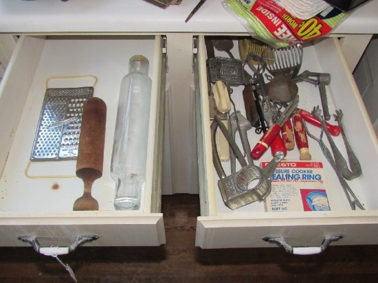 Cabinets Lot - Misc. Kitchenware, Sieves, Pots, Pans, Fat Grilling Machine, Etc.