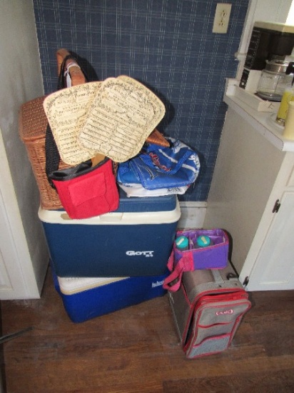 Lot - Gott 34 Cooler, Igloo 36 Cooler, Ogio Cooler Bag, Wicker Basket, Etc.