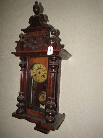 Dark Wooden Classic Wall Mounted Clock "R.A" on Pendulum, Grooved/Spindle Columns