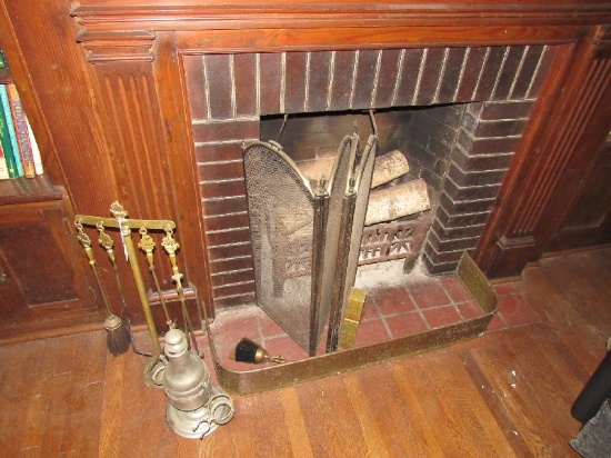 Fireplace Lot - Brass Ship Finial Brush, Tongs, Poker, Spade w/ Stand, Fireplace Guard