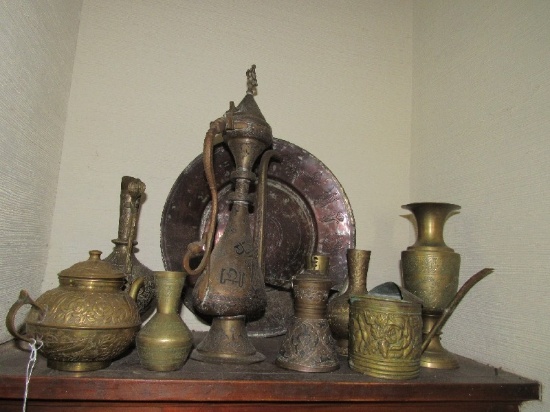 Brass Lot - Tall Brass Vase 9 3/4" H, Brass Plate Tall Ornate Carafe 18" Approx., Etc.