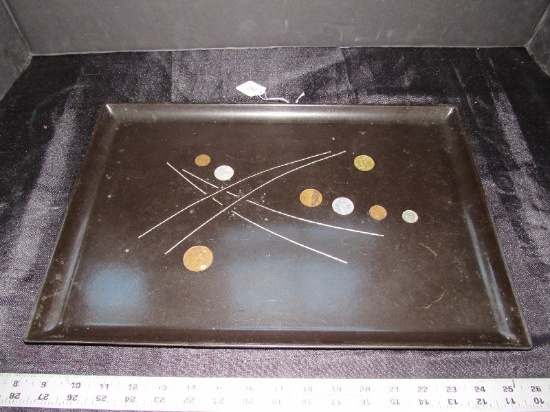 Vintage European Coin Inlay Black Tray