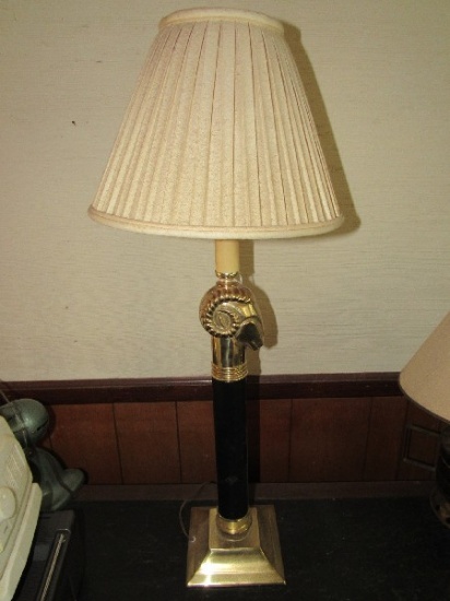 Tall Lamp Black Column w/ Brass Ram Head Top Brass Base w/ Shade