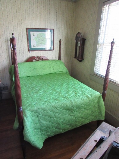 Vintage Wooden Headboard/Foot w/ Rails, Grooved Columns, Urn Finials