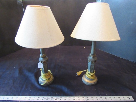 Pair - Antique Patina Design Desk Lamp Gilted Band Column Design w/ Shades