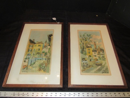 Pair - Street Scenes, Picture Prints w/ Wood Frame/Matt