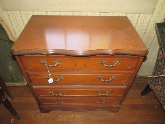 Wooden 4 Drawer Chest Grooved Motif Scroll Brass Pulls Block Feet, Bow Skirt