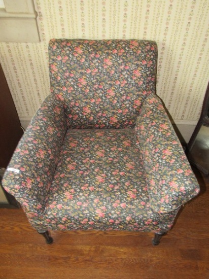 Rose Pattern Upholstered Chair Grooved/Column Wood Legs
